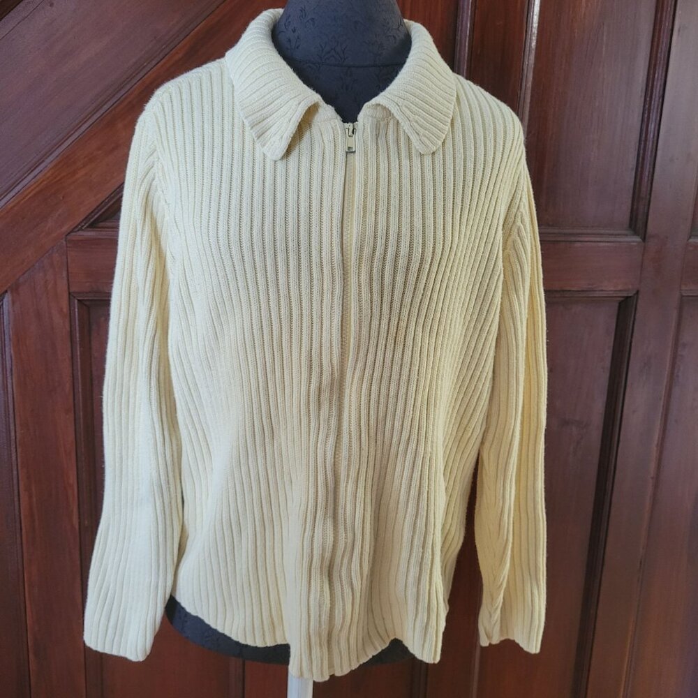 Vintage Cherokee Ribbed Knit Cardigan Sweater XL Beige Long Sleeve 55% Ramie 45%